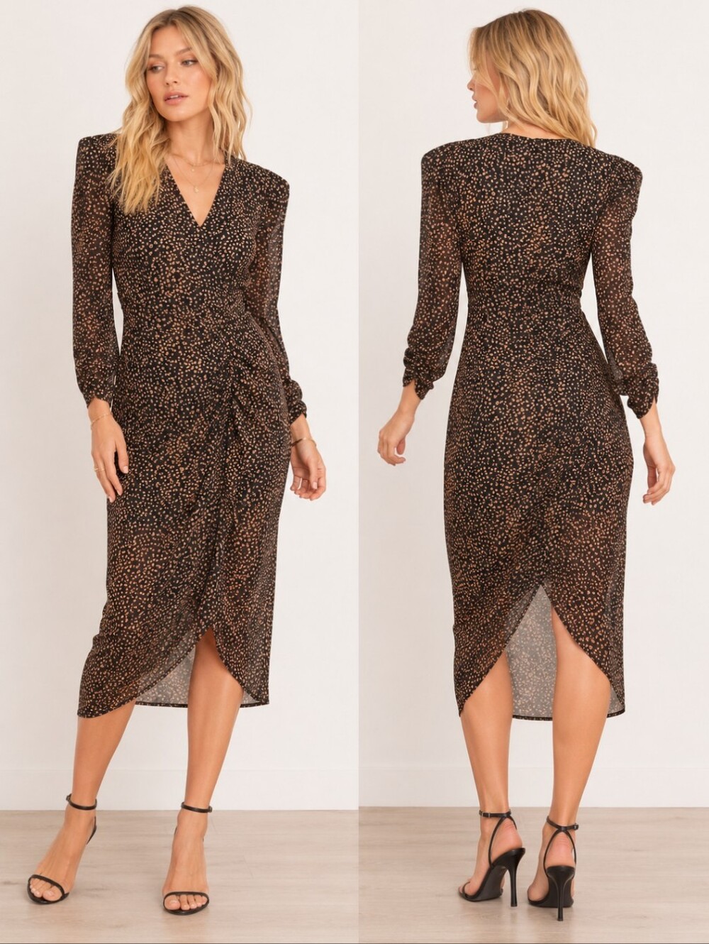 ASTR RUCHED FRONT Office Siren animal print Neutral black/ Tan MIDI DRESS sz XS